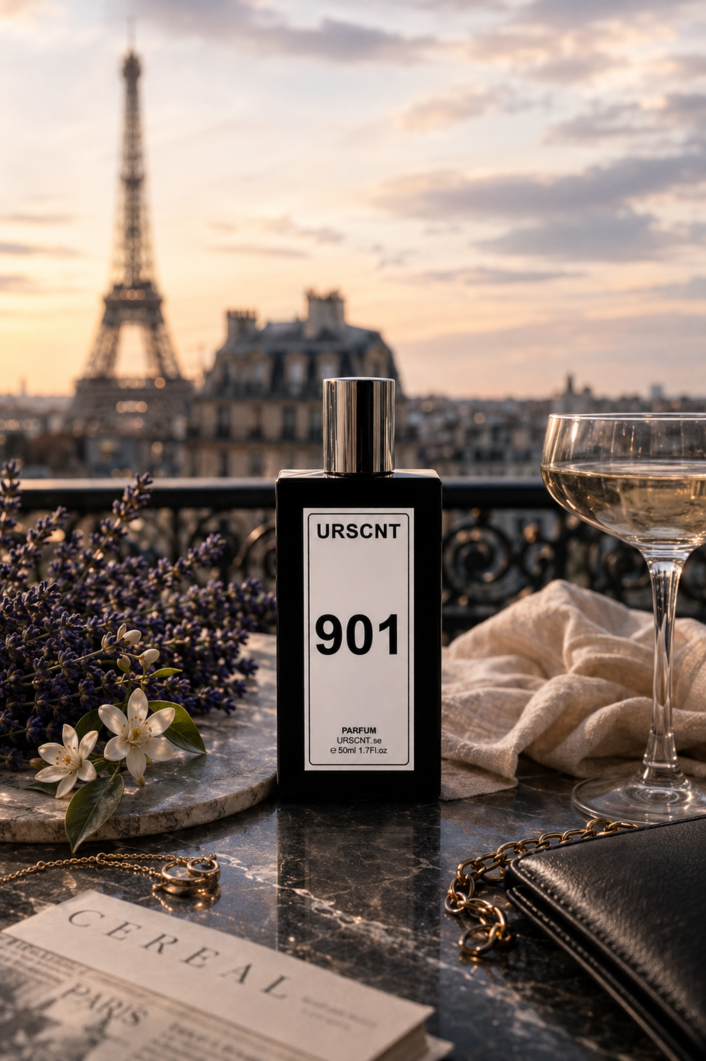 Perfume bottle with Eiffel Tower in the background, inspired by Libre Platine