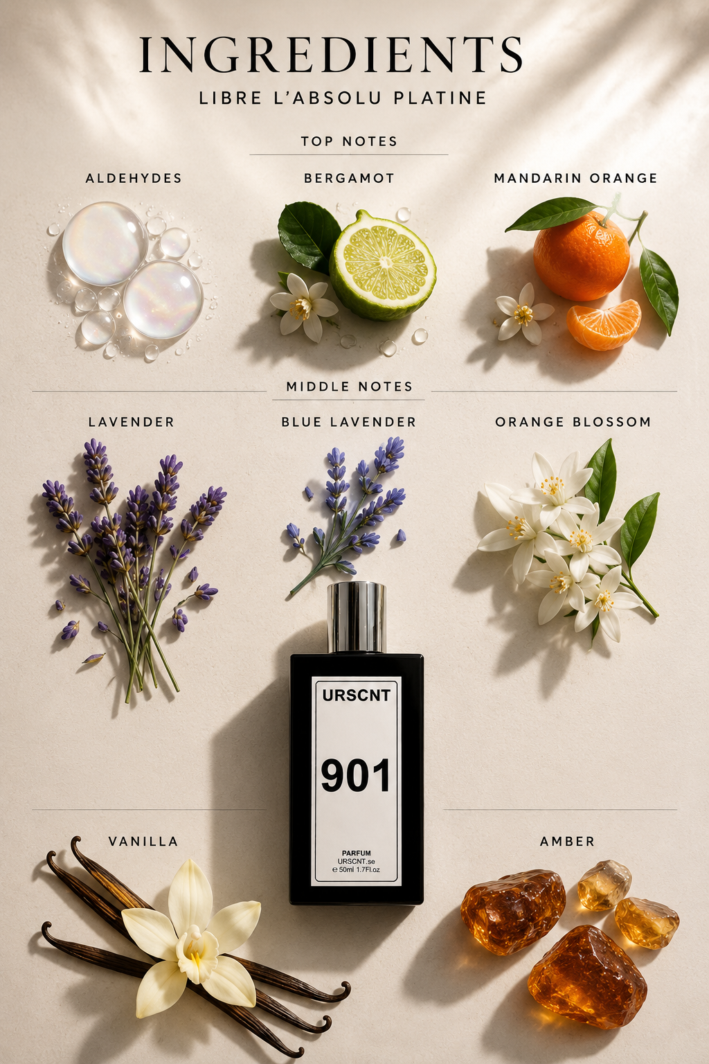 Perfume bottle with ingredients and scents on a beige background, inspired by Libre Platine