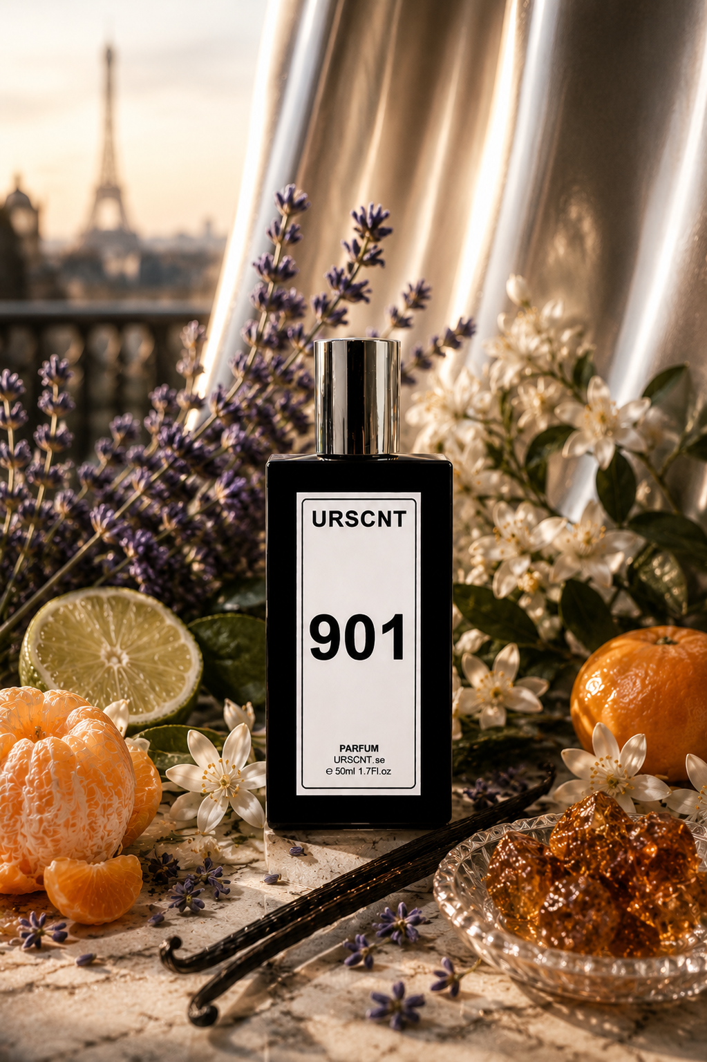 Urscnt 901 perfume bottle, inspired by Libre  with flowers and fruits on a decorative surface